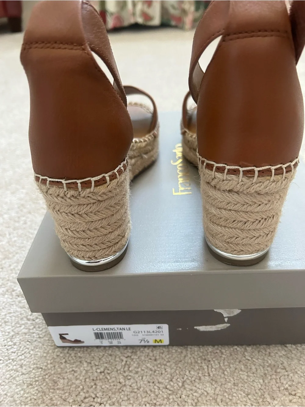 Franco Sarto Tan Leather Espadrille Wedge Sandals with Ankle Strap